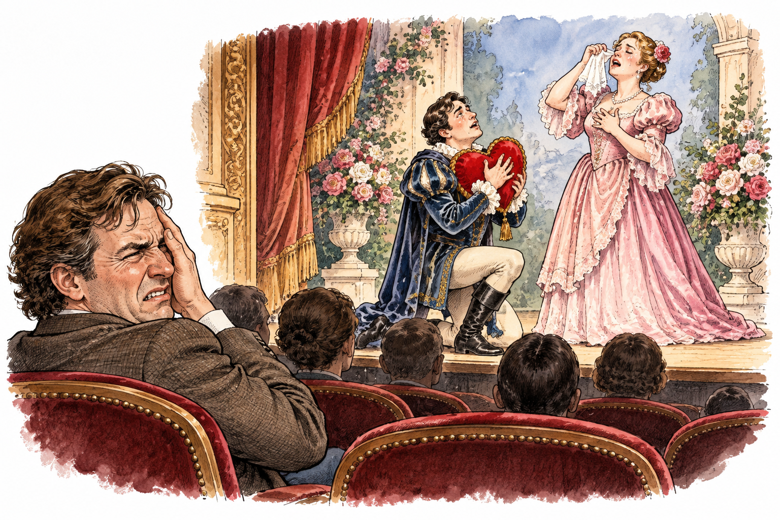 A theatergoer watches an excessively sugary sentimental scene: actor clasps a heart-shaped cushion while another dramatically dabs tears amid lavish flowers; audience member winces at the overdone sentiment.