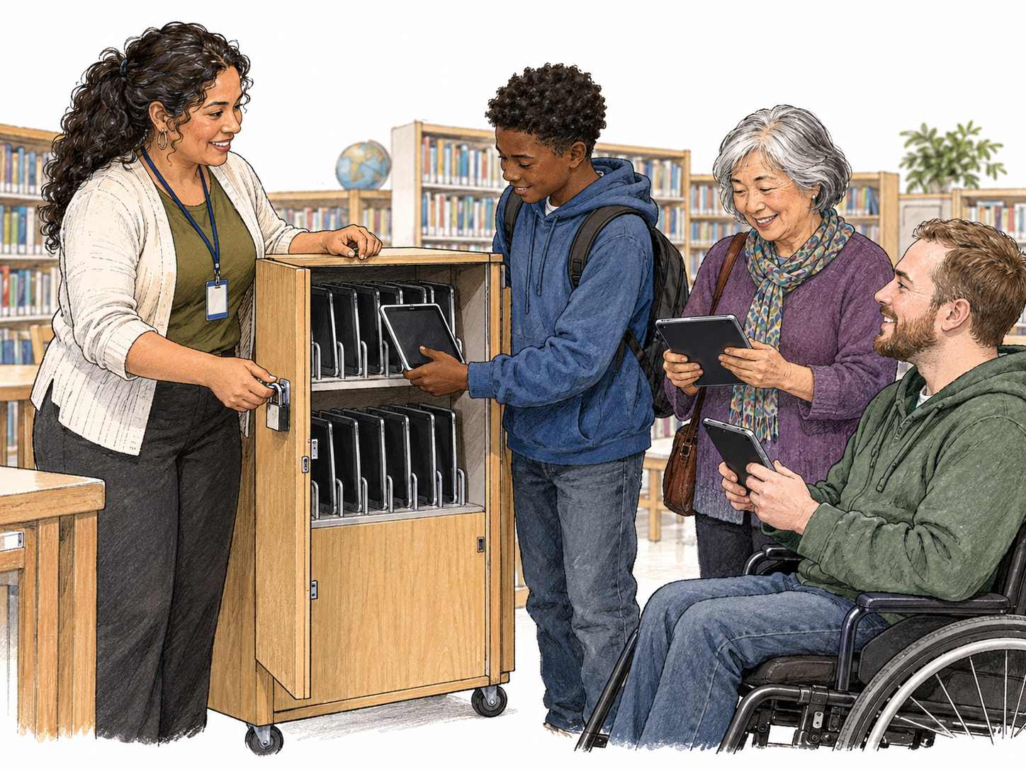 Public library staff opens a cabinet of tablets so several ordinary visitors can use them, removal of locked access barrier and shared availability clear, no screen text.