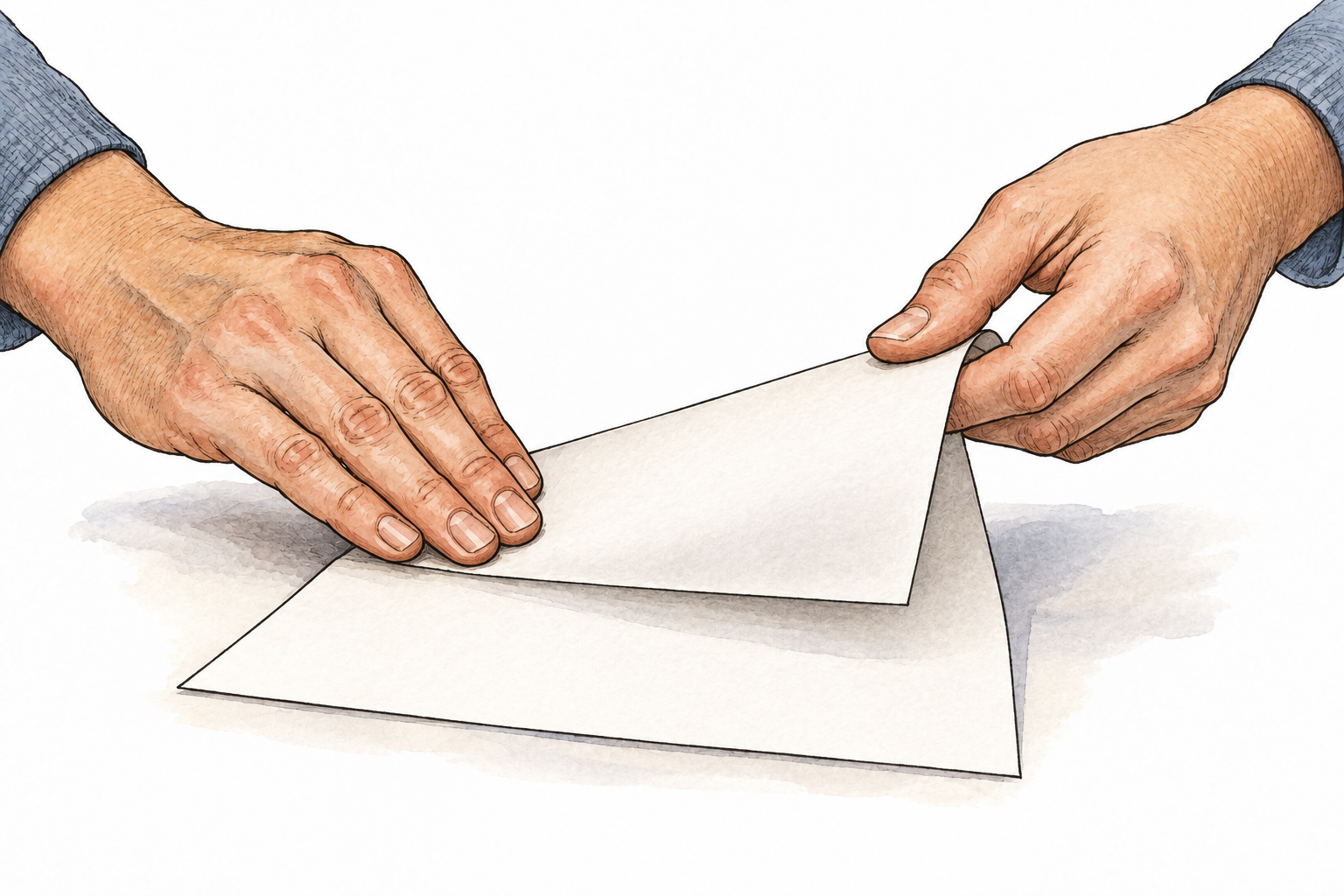 Two hands fold one half of a plain sheet of paper over the other, clear bend and crease, no writing.