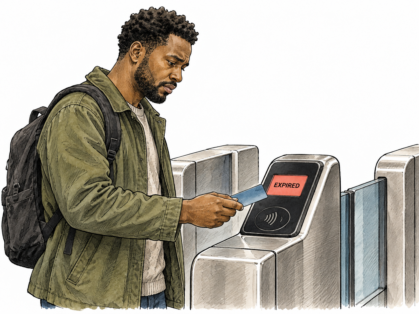 A transit pass stops working at a gate and shows only the brief functional status EXPIRED on the small reader display.