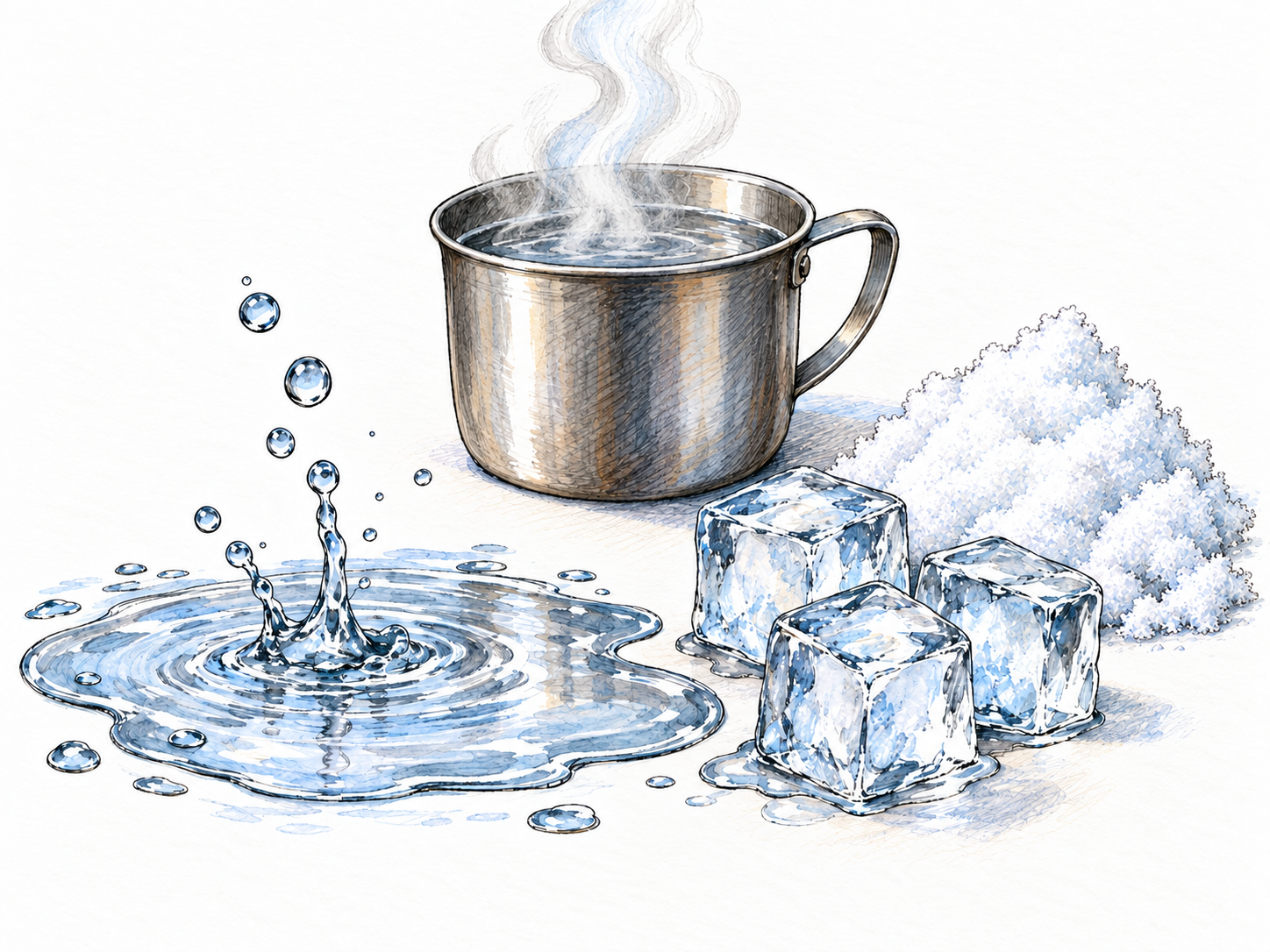 Water shown in several visibly different forms: a clear puddle with splashing droplets, angular ice cubes, loose snow, and curling vapor above a small steaming vessel.