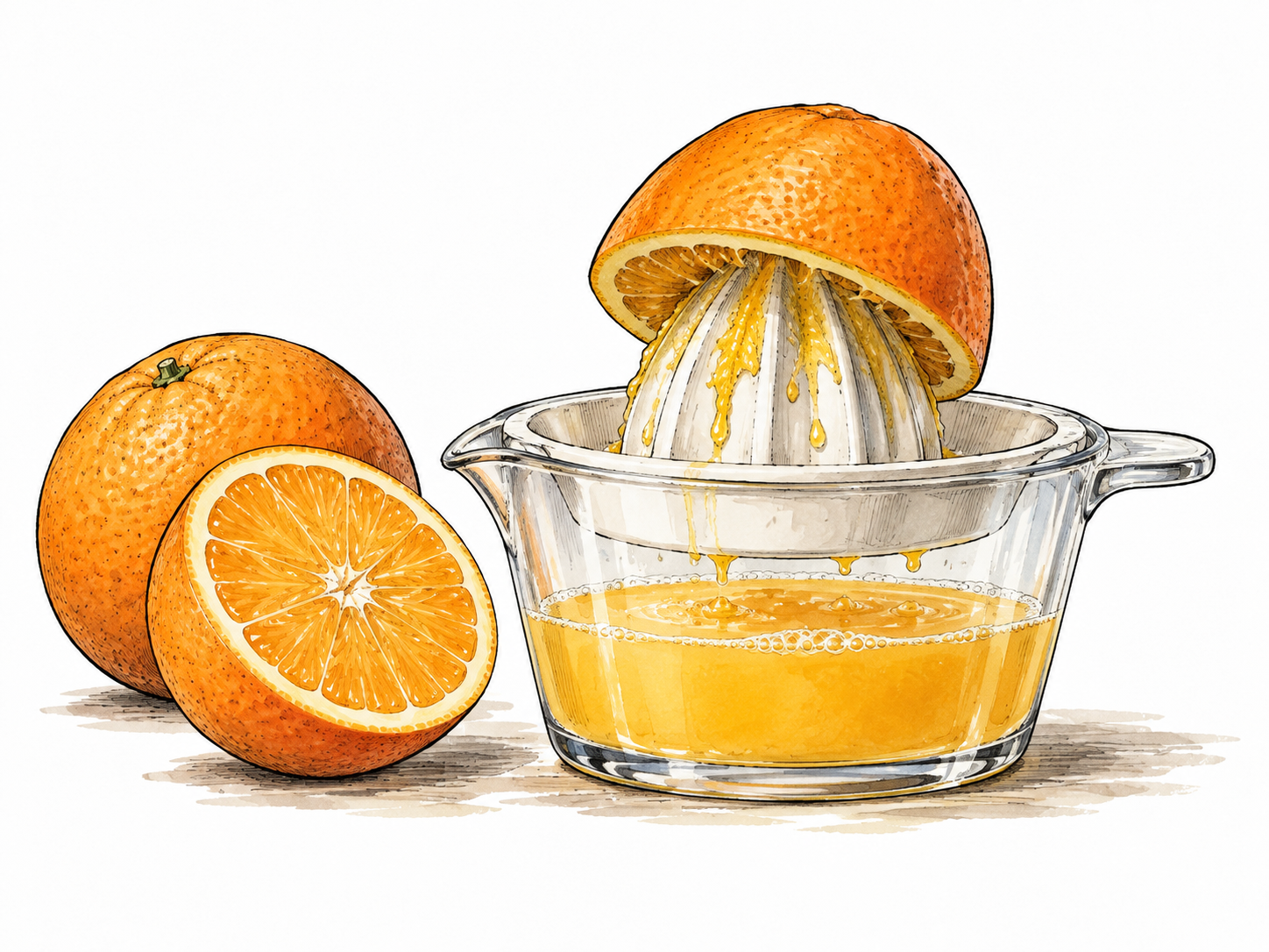 A simple countertop citrus juicer presses an orange half, fresh juice collects below.