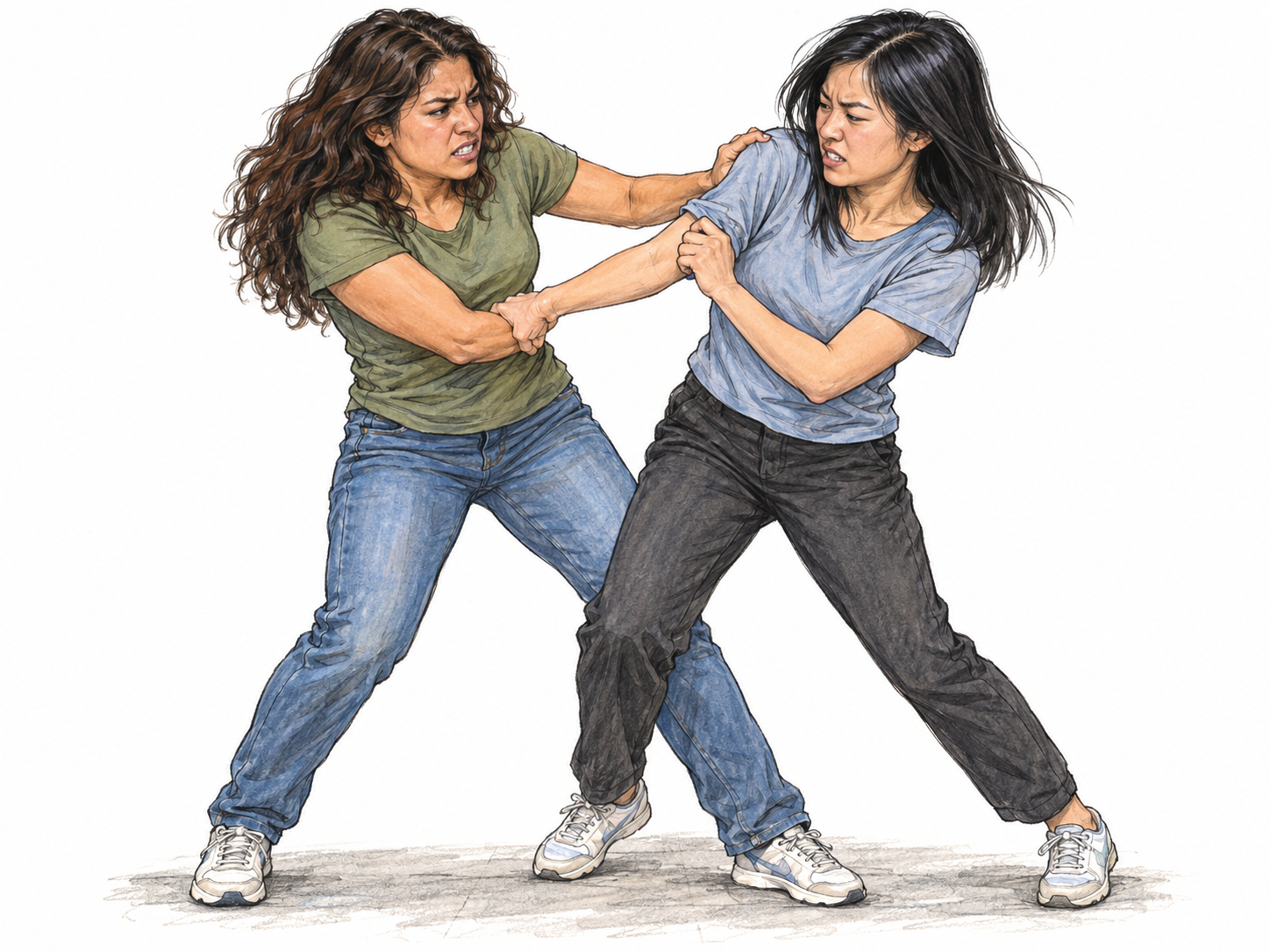 Two young adult women caught in a brief, disorderly close-quarters tussle, gripping each other's sleeves and pushing off balance, with awkward crossed arms and shuffling feet rather than practiced fighting poses.