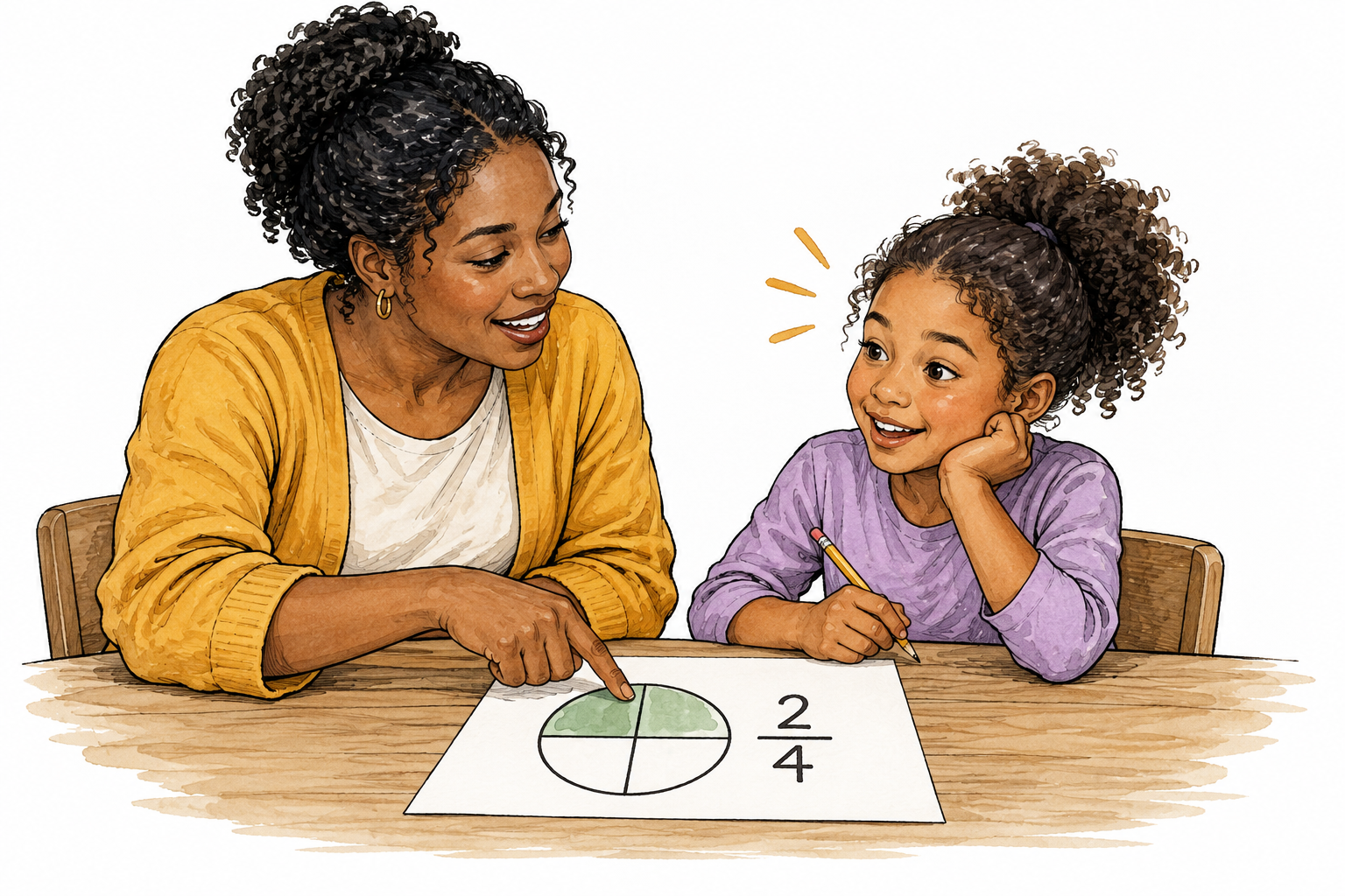 Black female teacher explains a simple fraction diagram to attentive child whose expression shifts to understanding.