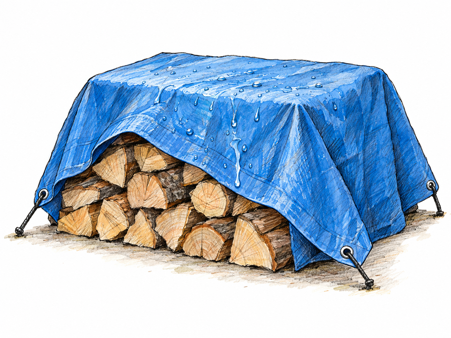 A blue waterproof tarp secured over a small stack of firewood, with water beading on its surface and dry log ends visible beneath the protected edge.
