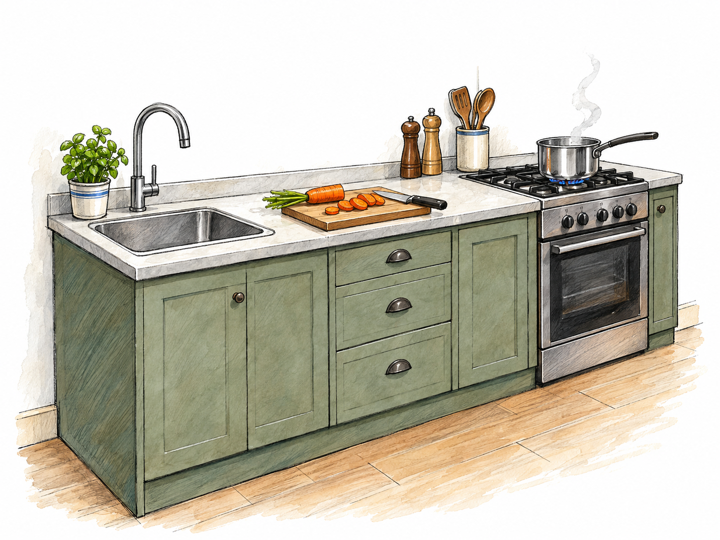 A compact domestic kitchen shown as an open room vignette, with a stove holding a simmering pot, a preparation counter with chopped vegetables, and an adjacent sink.