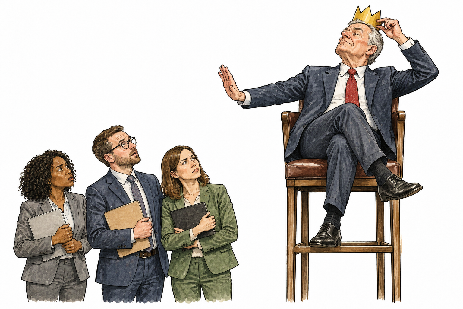 An older white manager seated on a tall chair crowns himself with a paper crown while dismissing capable colleagues with raised chin.