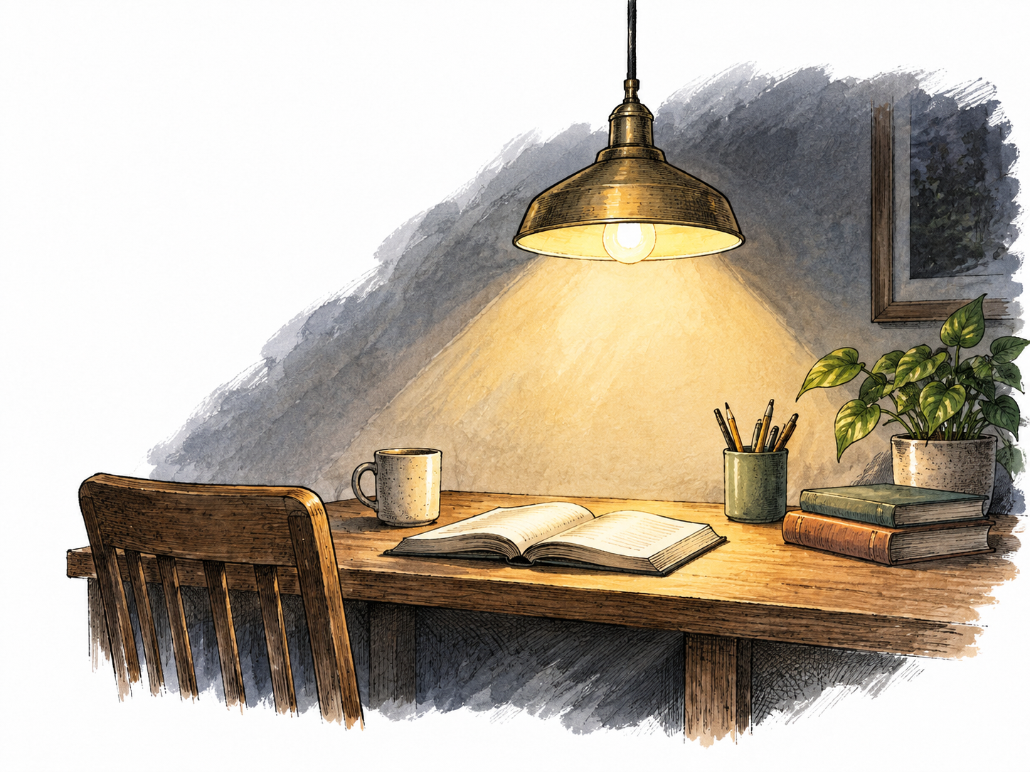 A warm hanging lamp casts useful light over a desk in an otherwise dim room.