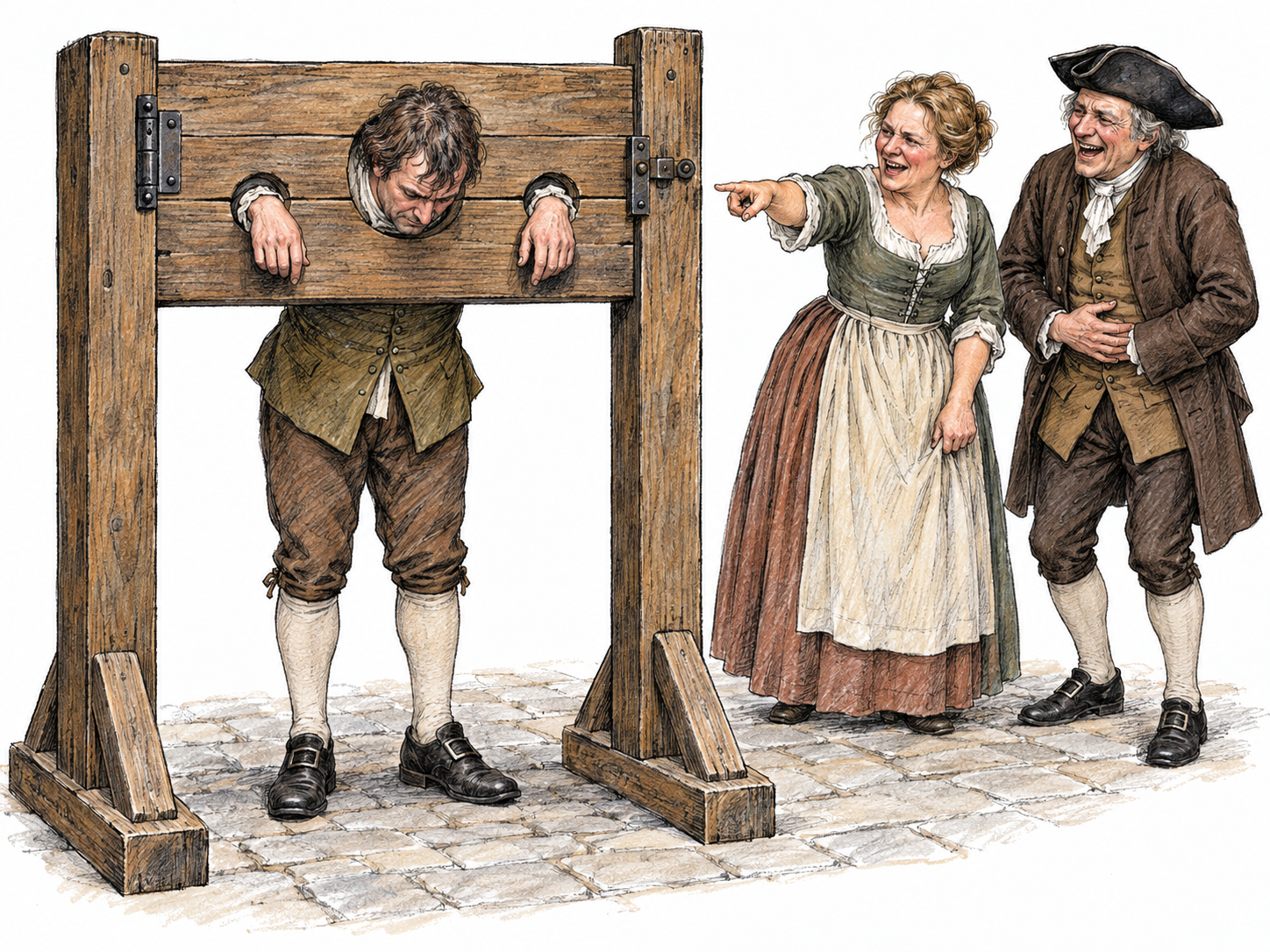 A standing offender restrained by the neck and wrists in a raised wooden pillory, while two nearby townspeople point and laugh.