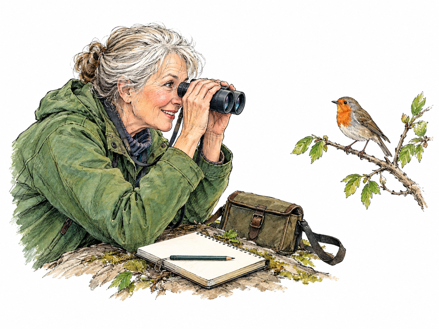 An enthusiastic birdwatching devotee leans forward delightedly with binoculars, watching a small songbird on a simple branch.