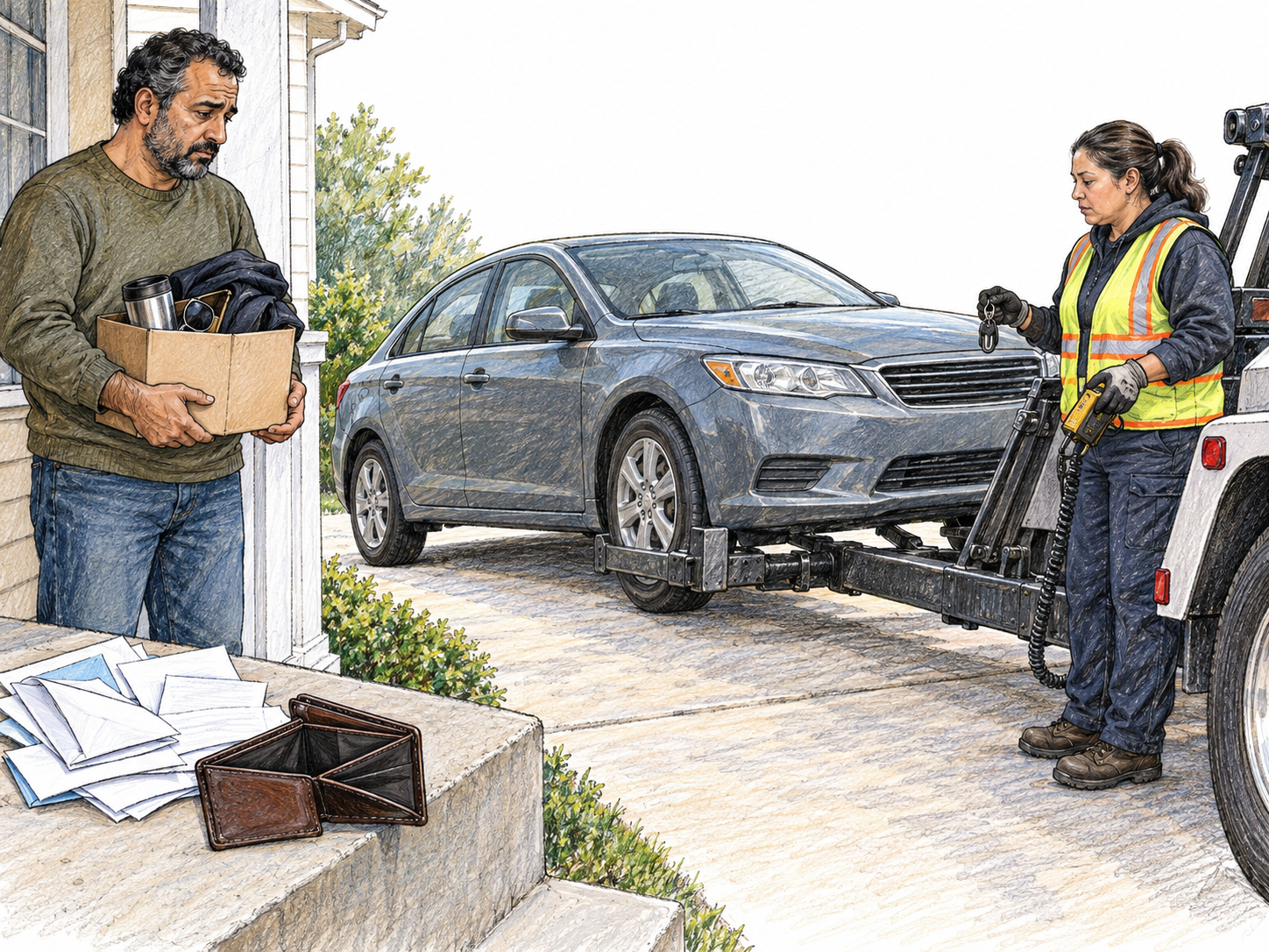 Repossession: an intact car is taken from a private driveway while its financially strained owner removes his last personal belongings, with accumulated payment paperwork and an empty wallet reinforcing the financial context.