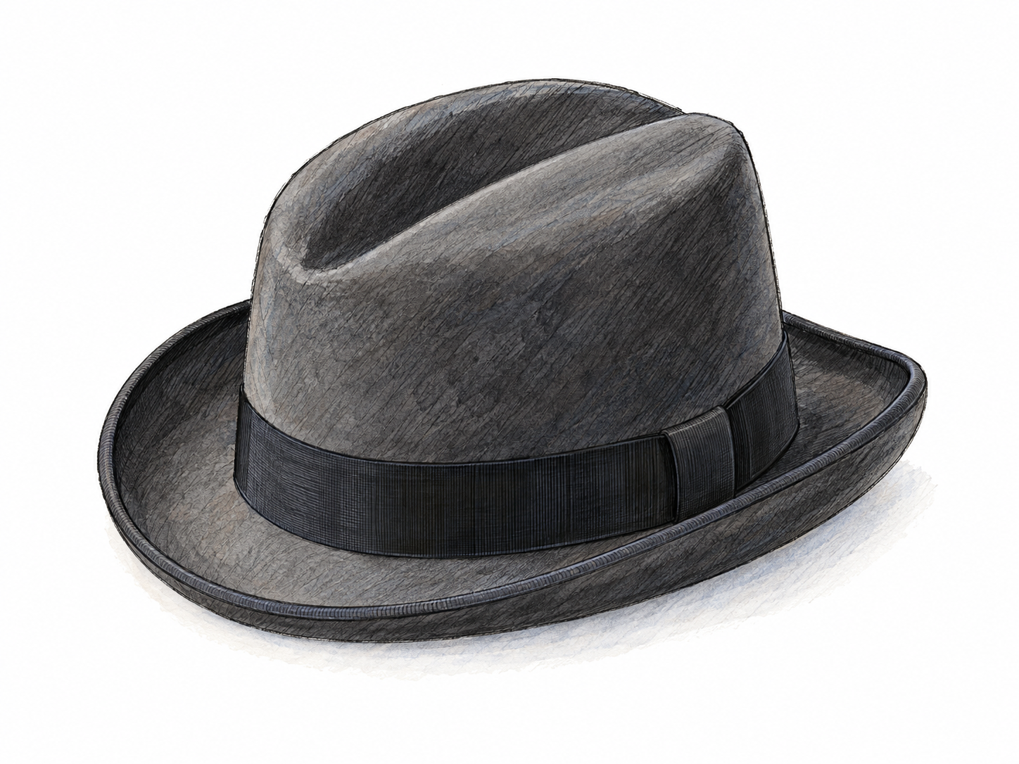 A single charcoal-gray homburg hat shown from an elevated three-quarter angle, clearly exposing its stiff felt body, single lengthwise crown crease, and upward-curled, ribbon-bound brim.