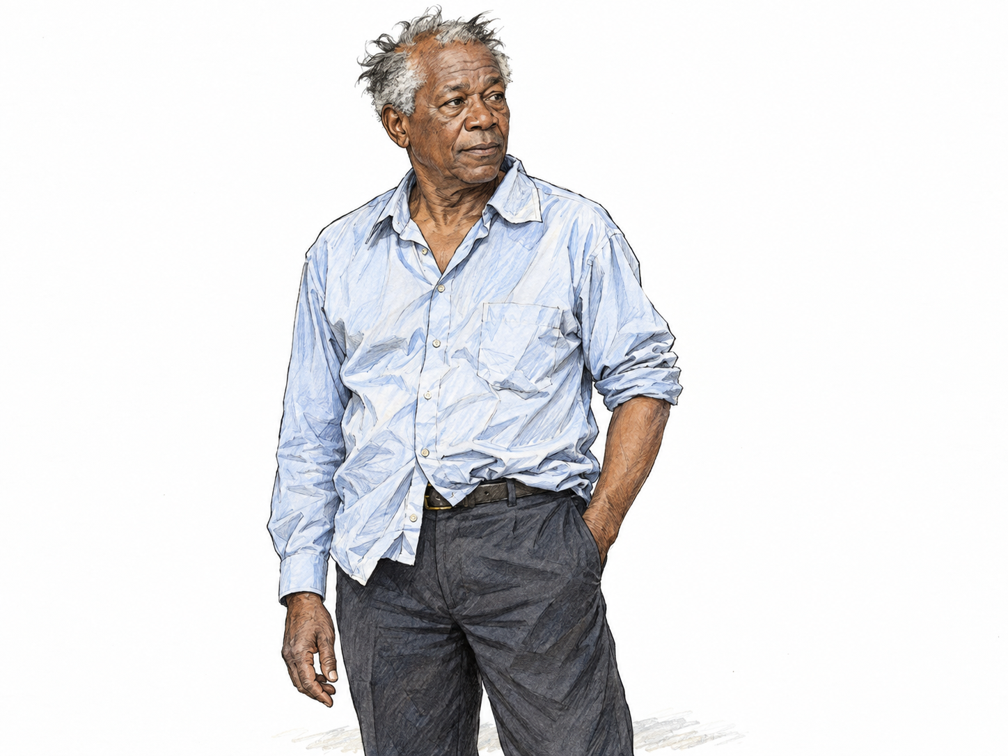 An older man with visibly mussed hair and rumpled, unevenly arranged clothing, isolated against white so his untidy appearance is immediately readable.