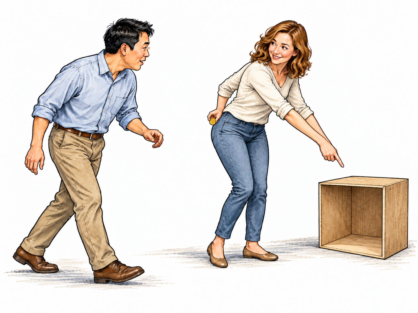 An adult hides a small empty decoy box behind a curtain while directing another person toward it with an innocent smile, deliberate trick clear without words.