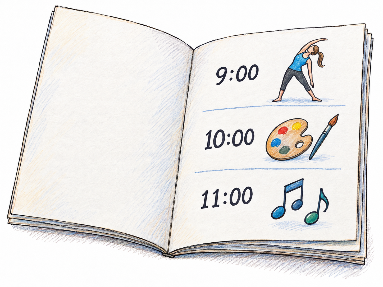 An open activity-program booklet presents three clearly ordered sessions through time markings and simple pictures: stretching, painting, and music.