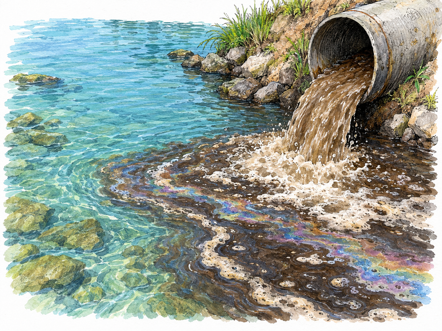 An outfall pipe actively pours dirty wastewater into a clear stream, forming a spreading dark, oily plume.