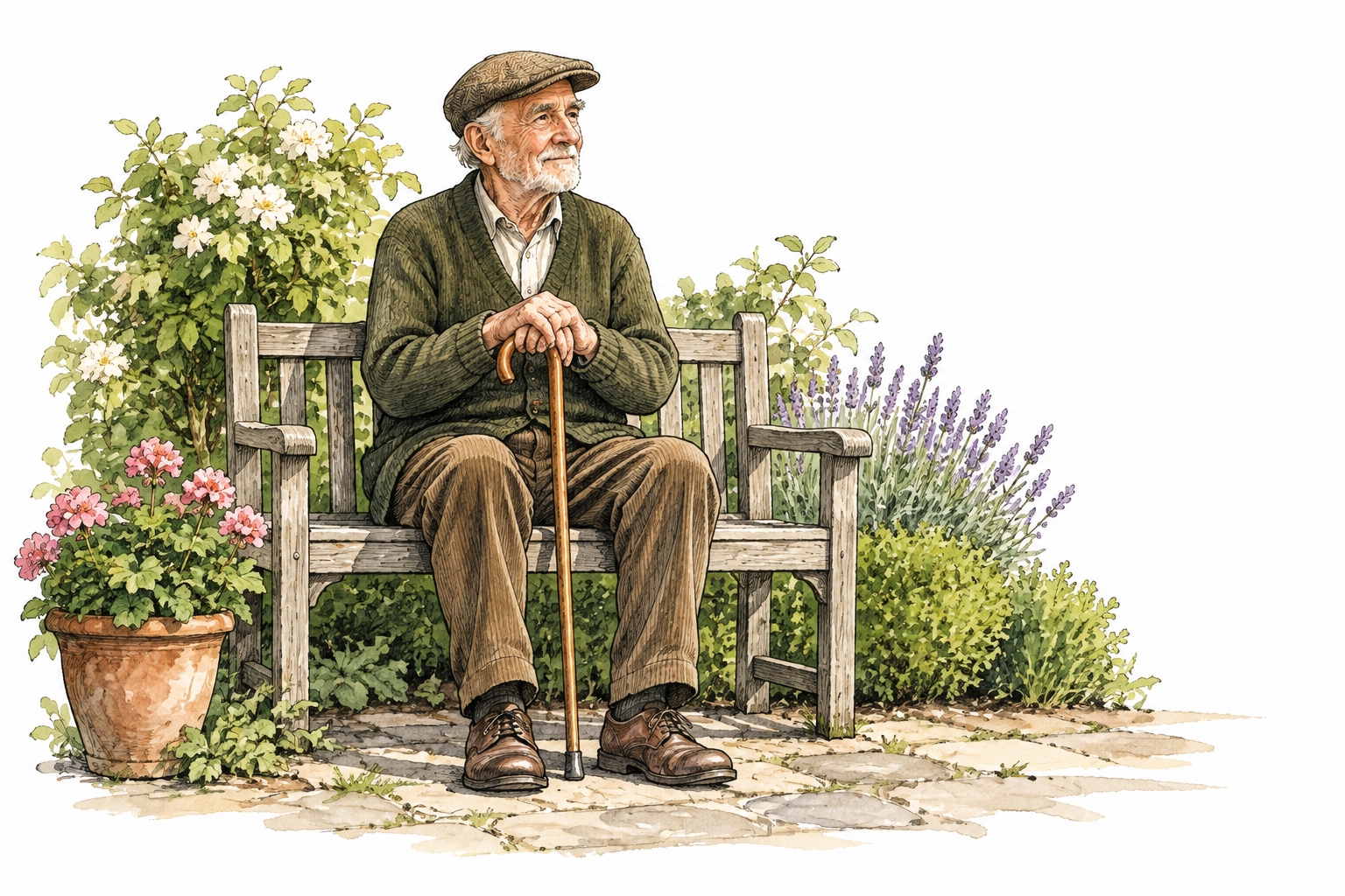 An elderly man sits upright with quiet dignified composure in a garden, hands resting gently on a cane, calm expression.