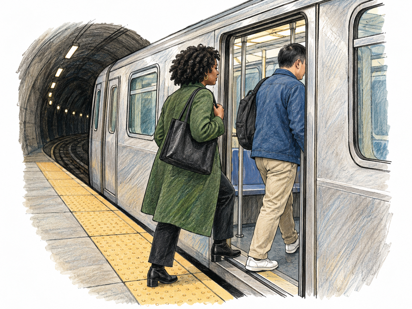 Unmarked subway train stopped underground at simple platform, two adults boarding through open door, curved tunnel entrance shows underground context, limited cropped platform and carriage vignette on white, no route labels or signs.