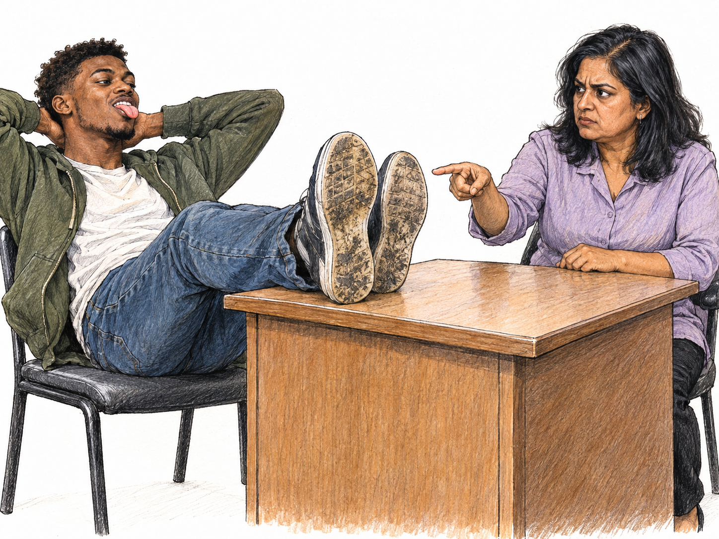 A young adult brazenly rests his dirty shoe soles on another person's desk and sticks out his tongue at her while she firmly gestures for him to remove his feet.