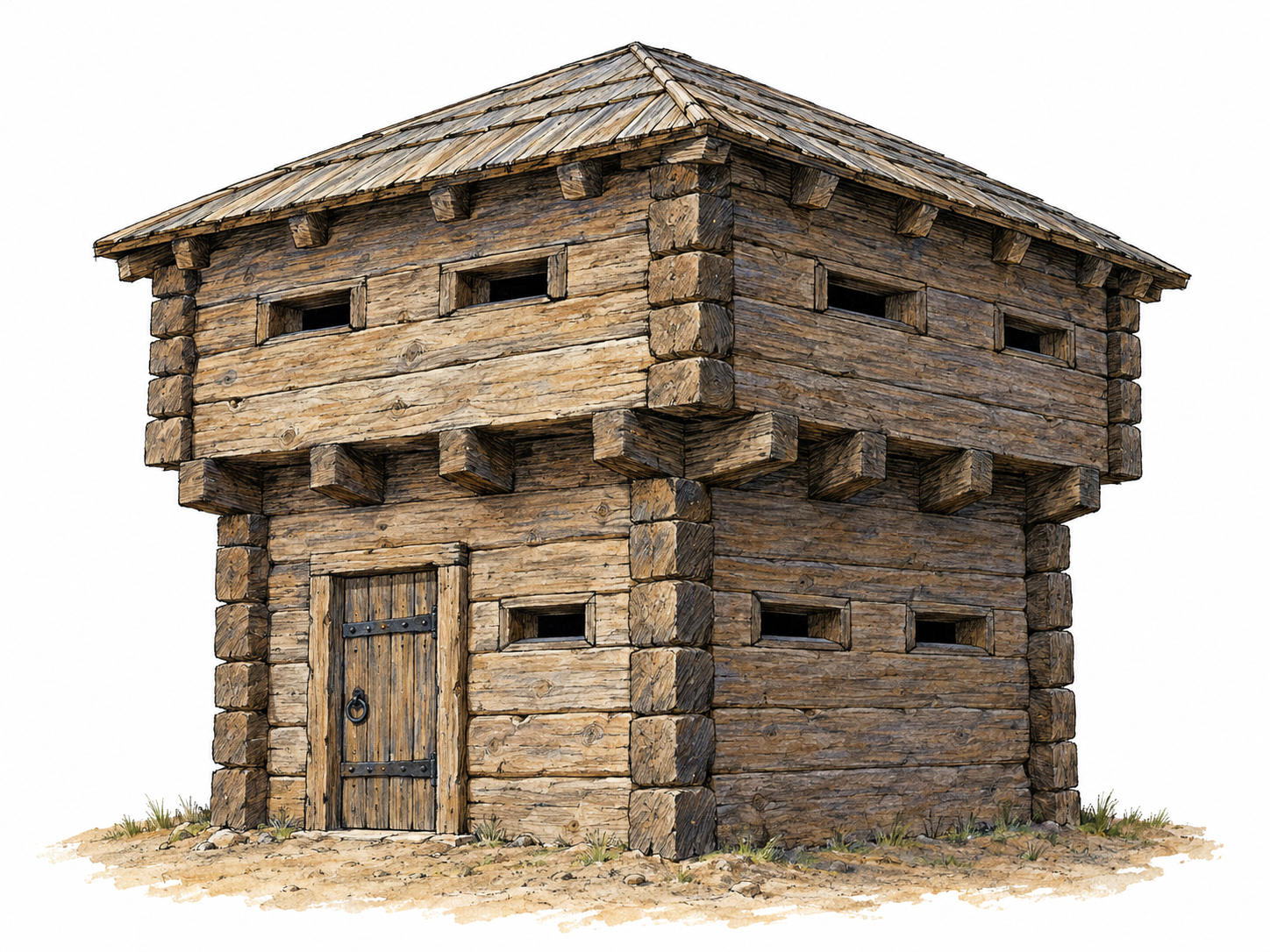 A compact two-story timber blockhouse with thick squared-log walls, a projecting upper story, narrow firing loopholes, and a heavily reinforced entrance, clearly recognizable as a small defensive fort.