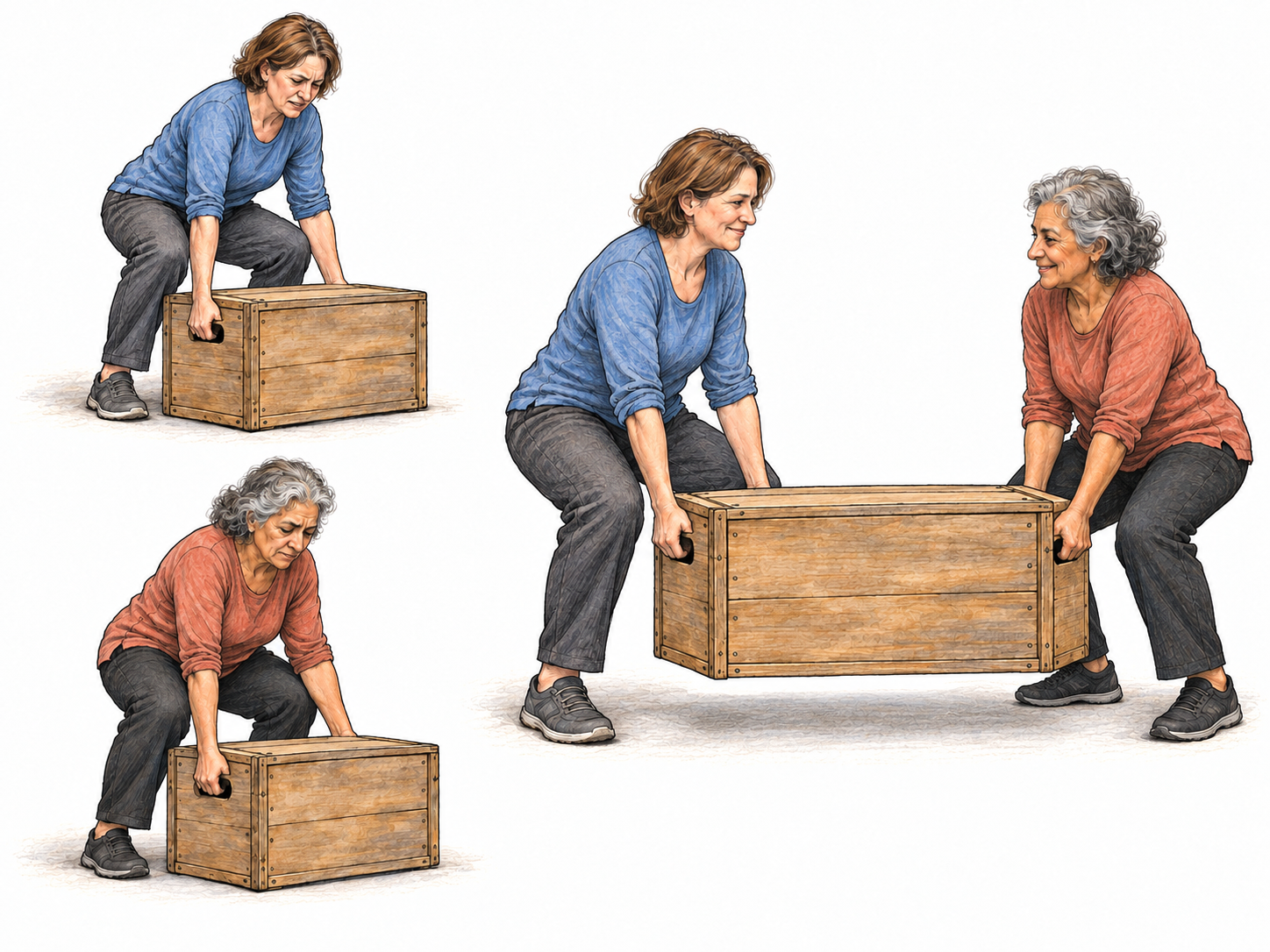 A text-free comparison: two women separately fail to lift the same heavy crate, while together they lift it clear of the floor.