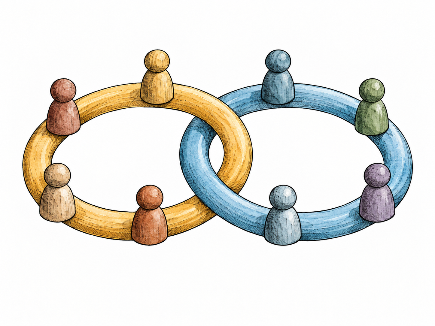 Two interlocking loops link small portrait-free community tokens into a shared arrangement, simple physical connection between groups without text.