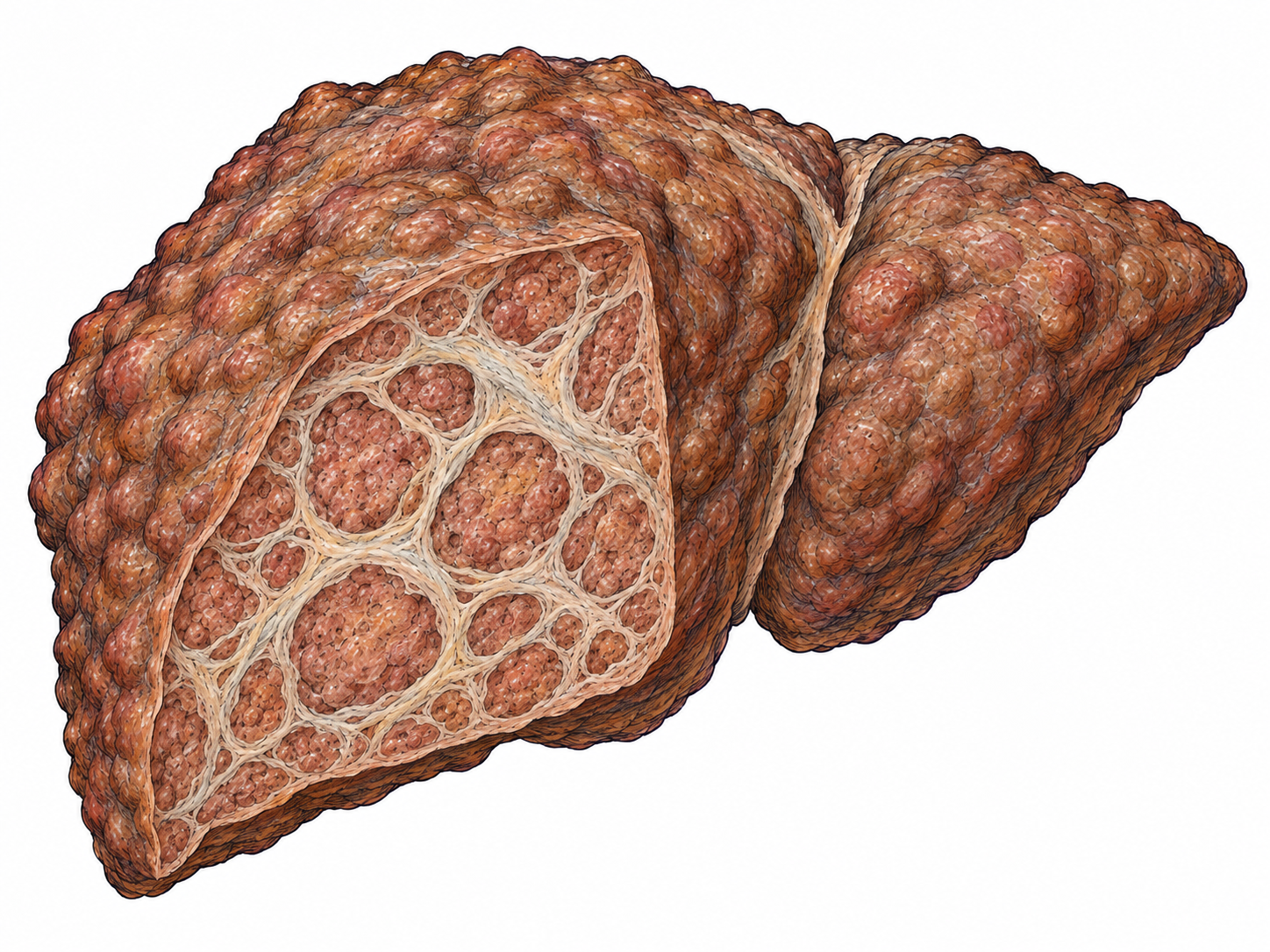 An anatomically recognizable cirrhotic liver with an irregular nodular surface and a cut section revealing thick fibrous scar bands surrounding regenerative nodules and distorting the internal tissue.