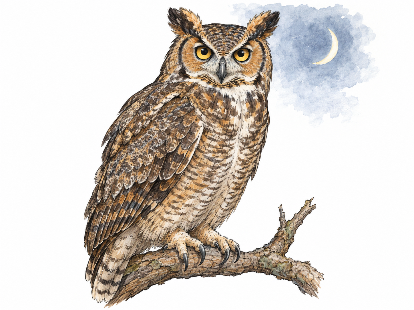 A clearly recognizable owl perched on a bare branch, its large forward-facing eyes, facial discs, hooked beak and gripping talons prominent.