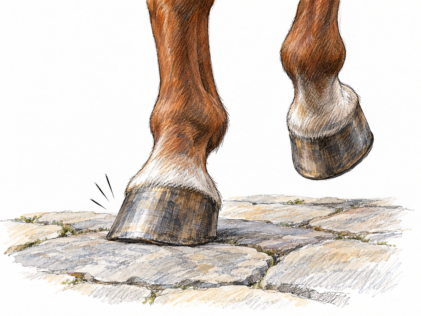 A close view of a horse’s lower legs, with one hoof striking a hard paving stone.