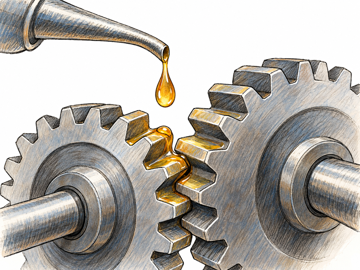 Close-up of amber lubricating oil dripping from an oil-can spout into the contact point of two meshing metal gears, with a thin glossy oil film visible on their contacting teeth.