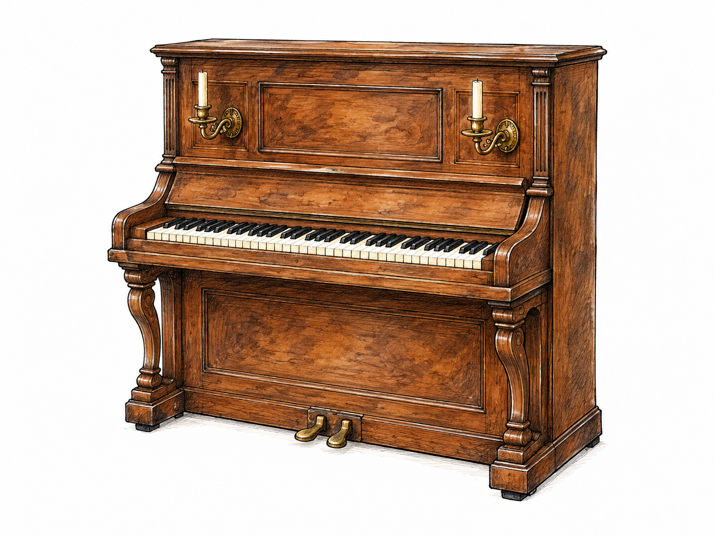 A nineteenth-century wooden upright pianoforte with visible black-white keyboard and candle holders, antique acoustic instrument on white ground, no lettering.