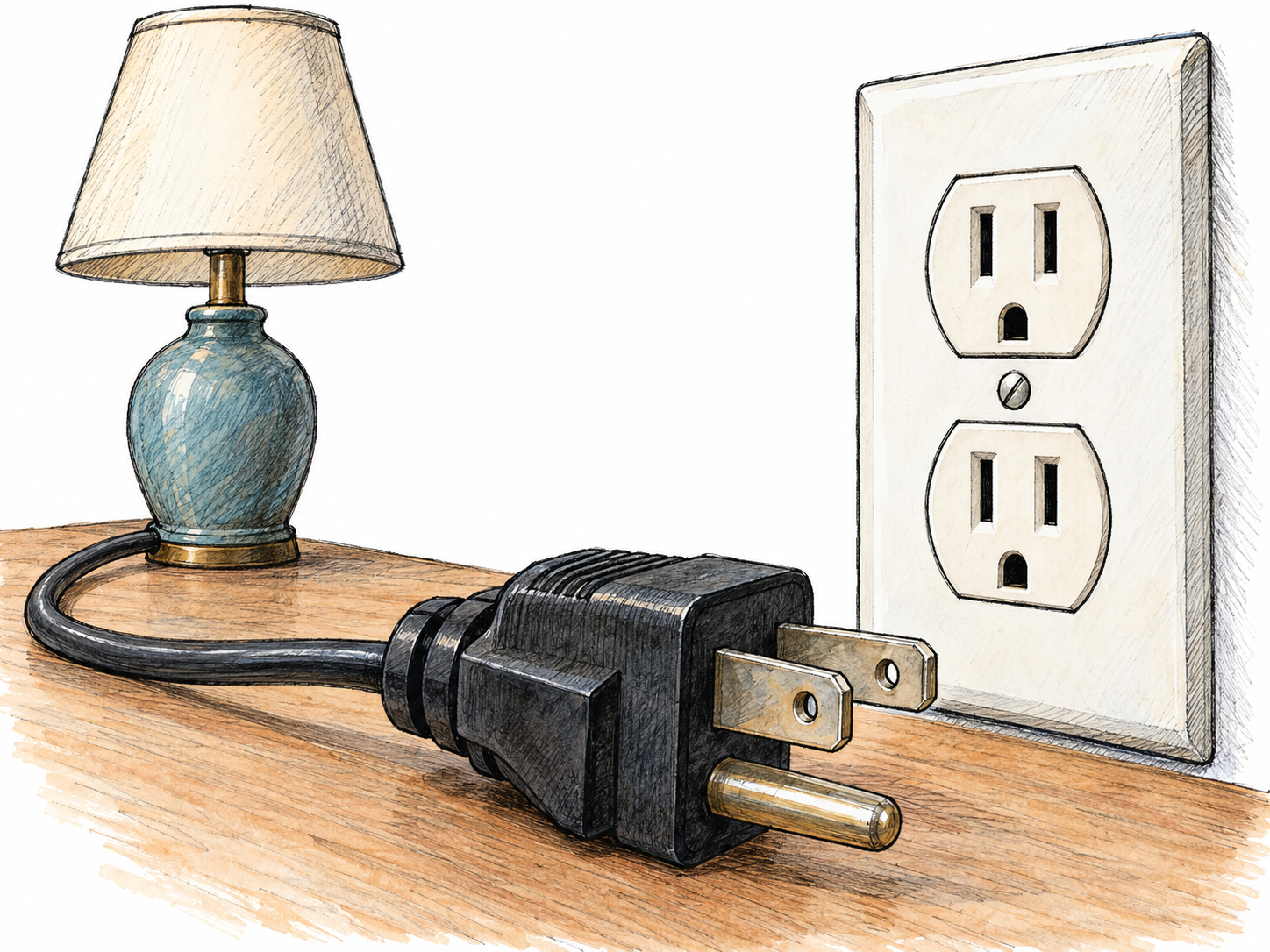 Close view of an electrical cord plug positioned directly in front of a matching wall outlet, with its metal prongs clearly visible and its cord leading to a small table lamp.