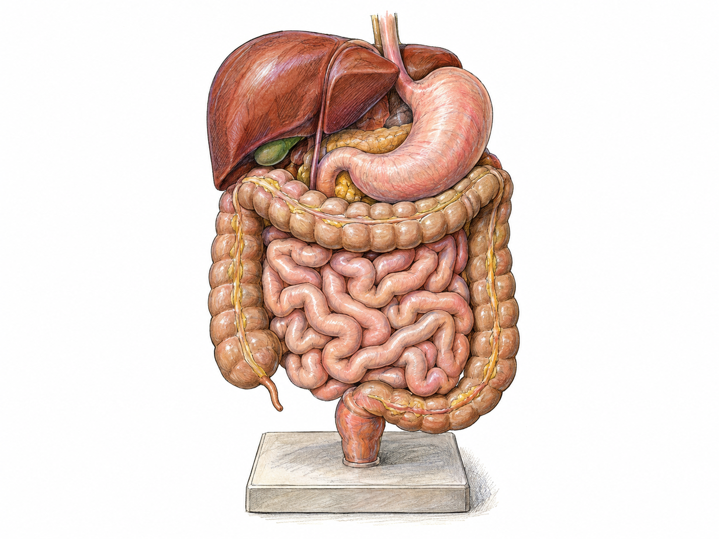 An isolated anatomical teaching model of the internal abdominal organs, with coiled small intestines framed by the large intestine and the stomach and liver above.