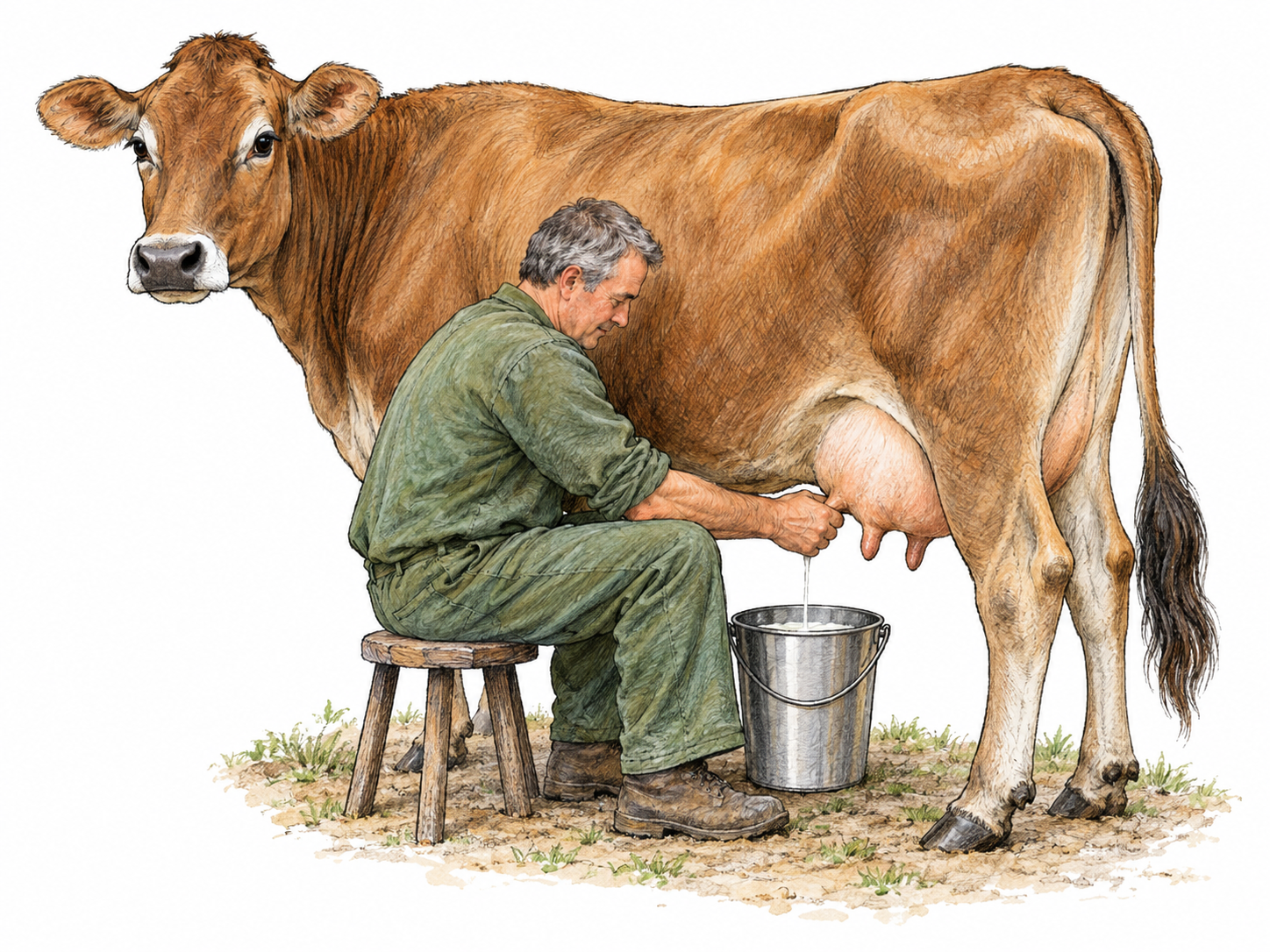 A healthy brown dairy cow stands calmly beside a seated farmer who hand-milks her into a plain stainless-steel pail.