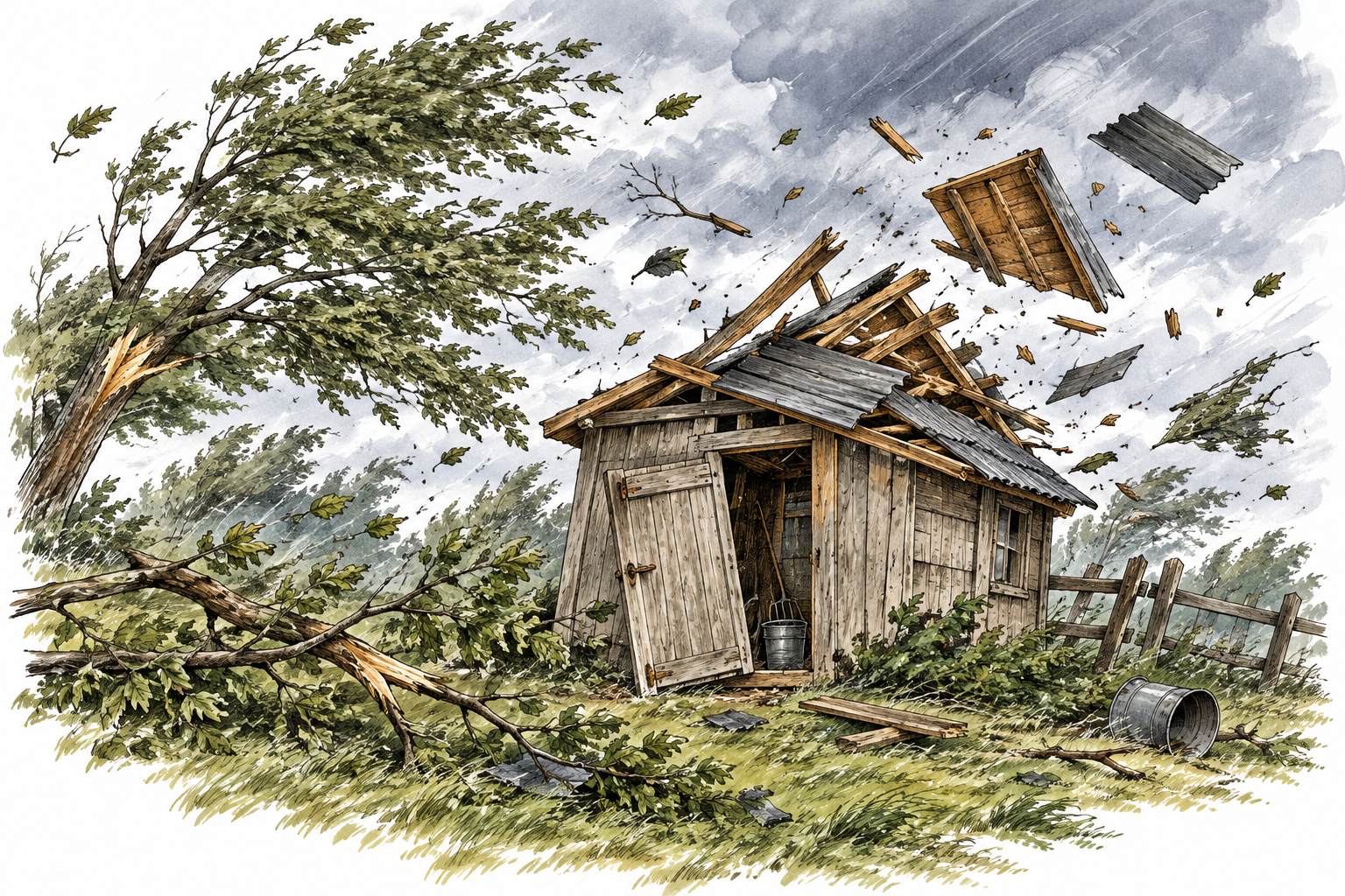 A violent windstorm tears branches and roofing from a small shed, visible serious destructive damage, no people.