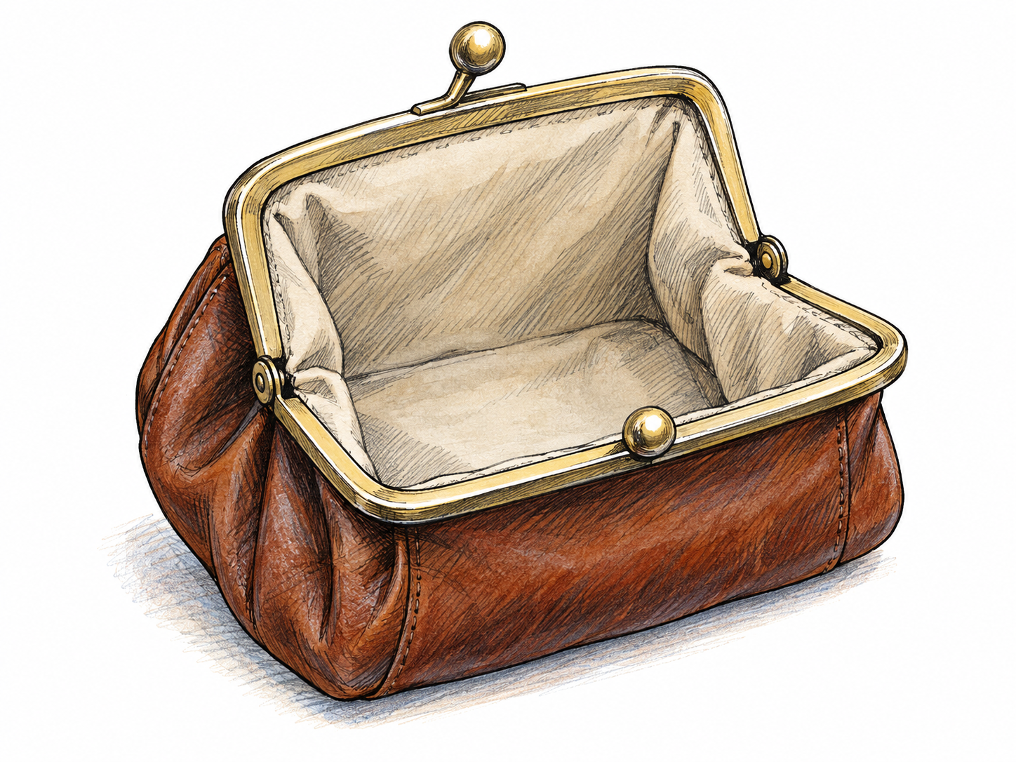 A completely empty open coin purse, with its mouth spread wide and its interior clearly visible, communicates having no money at all.