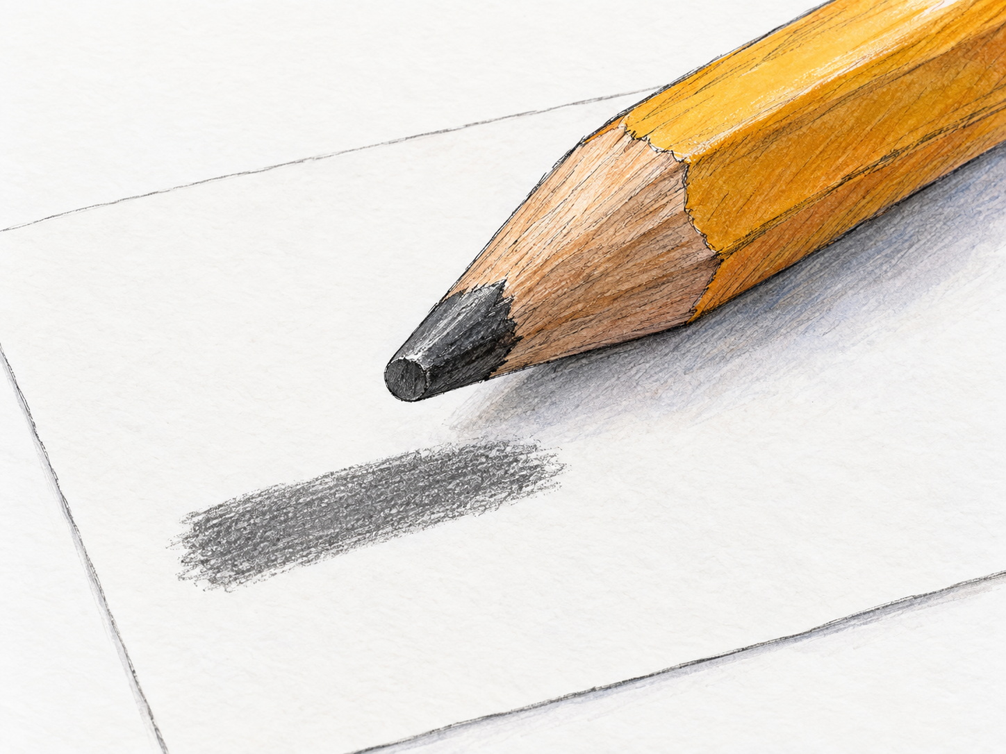 Close-up of a wooden pencil with a broad, flattened graphite tip, its worn end clearly visible beside a short, thick gray stroke on white paper.