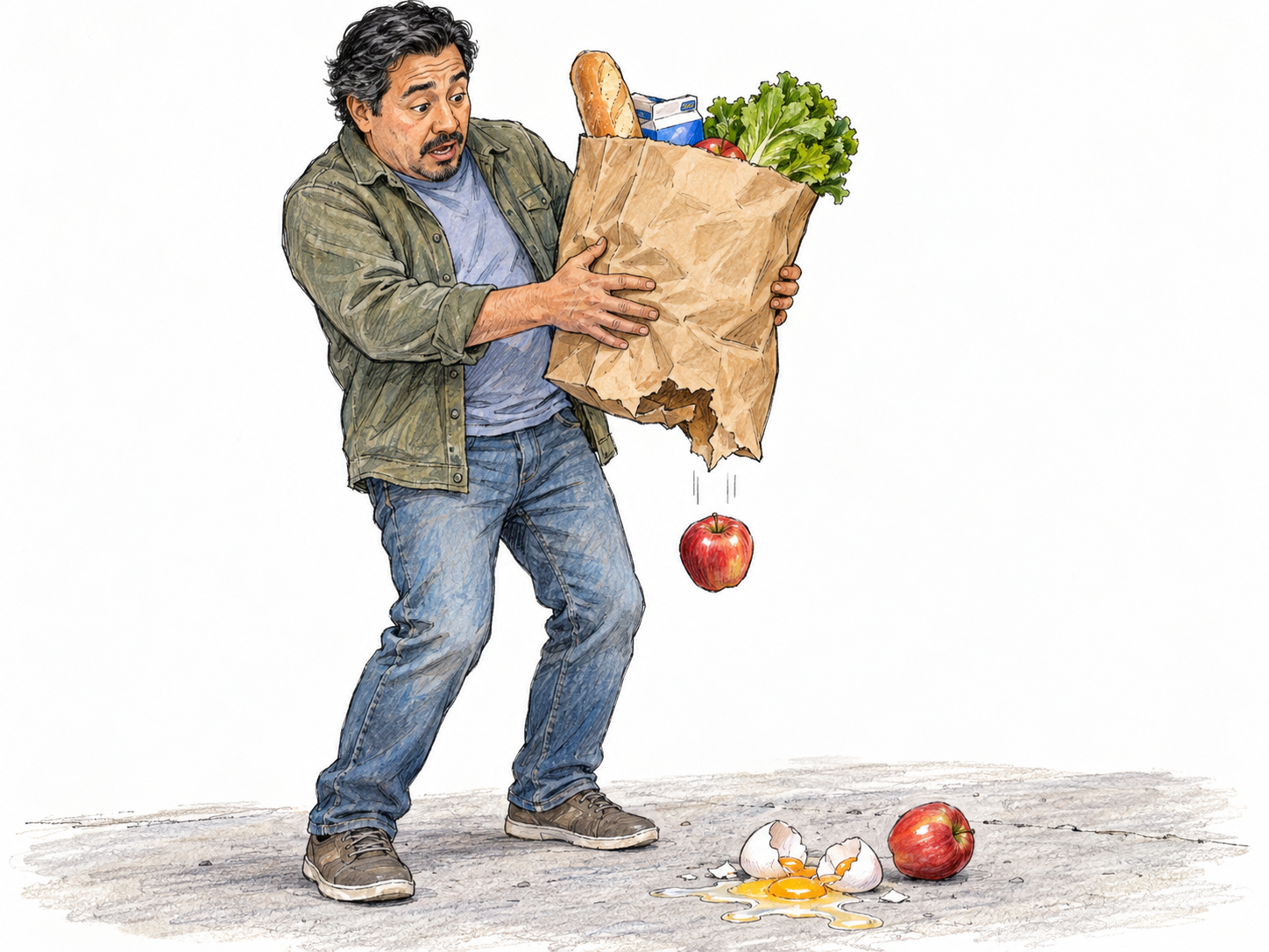 A grocery bag tears open while a man carries it, dropping eggs and fruit onto the pavement—an unmistakable small, unfortunate accident.