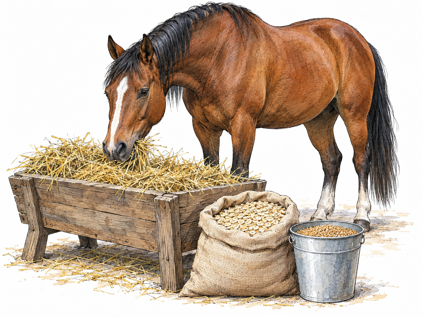 A horse eating hay from a low manger beside an open sack of oats and a filled feed bucket, with the livestock food prominent in the foreground.