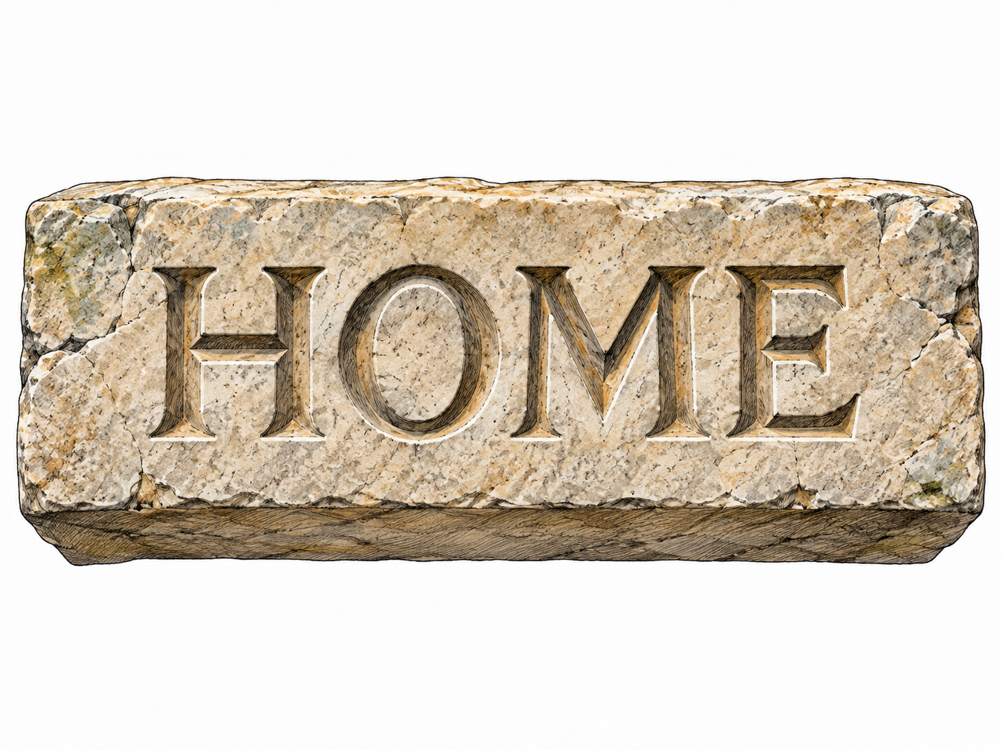 Close view of the word HOME neatly carved into a plain stone lintel, letters physically engraved with visible depth, no other text.