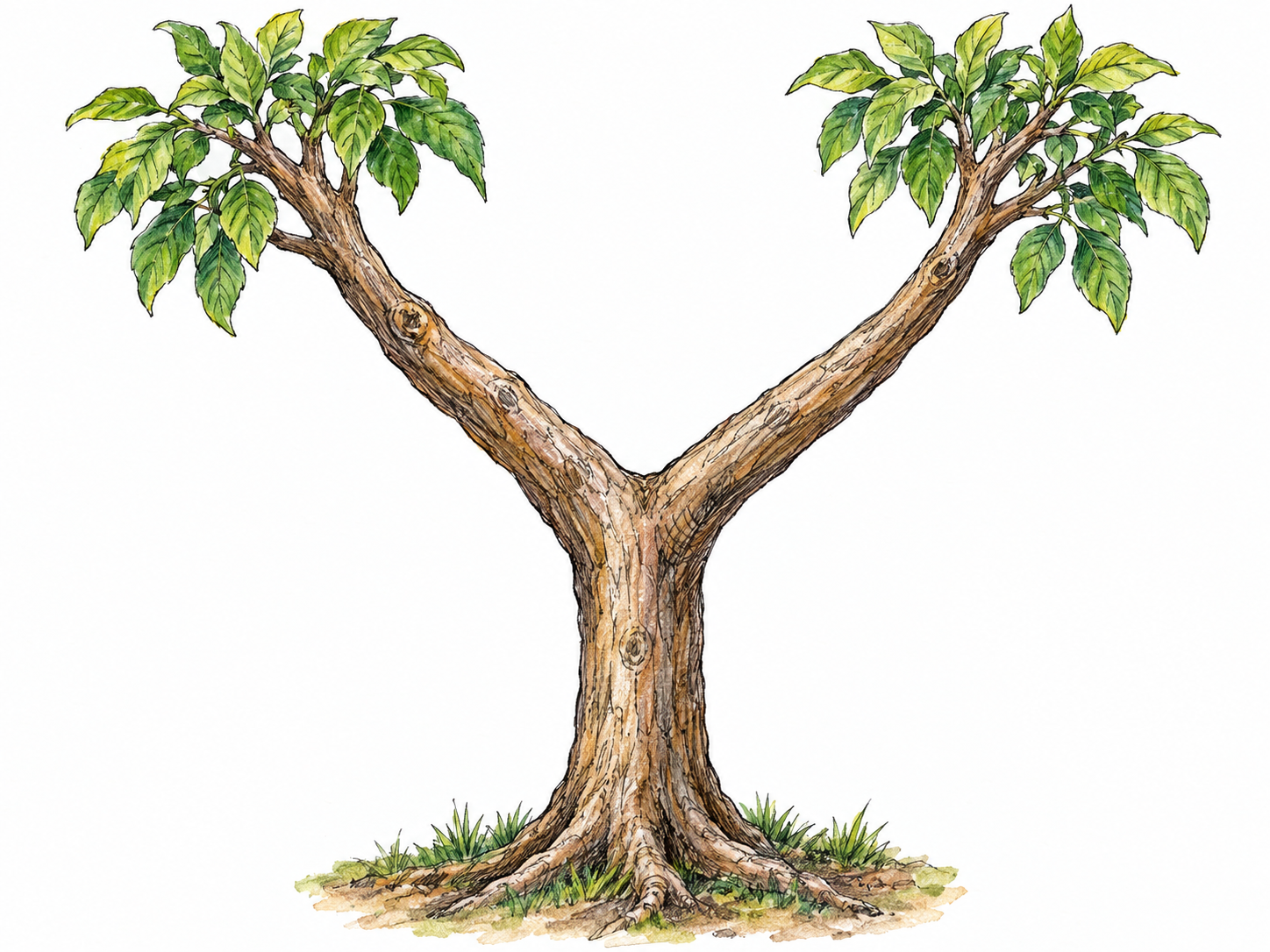 A single rooted tree trunk visibly divides at one clear Y-shaped junction into two substantial branches.