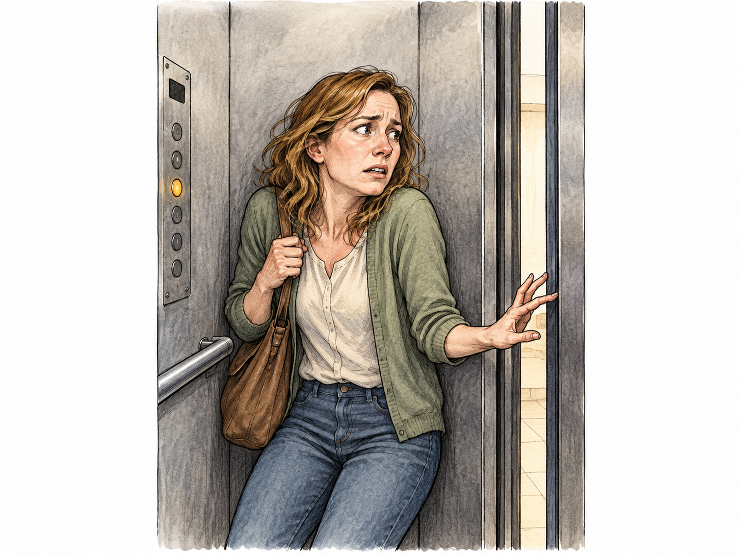 Adult looks visibly anxious in a small elevator with doors partway open, hands tense and attention toward exit, respectful fear without horror or overcrowding.
