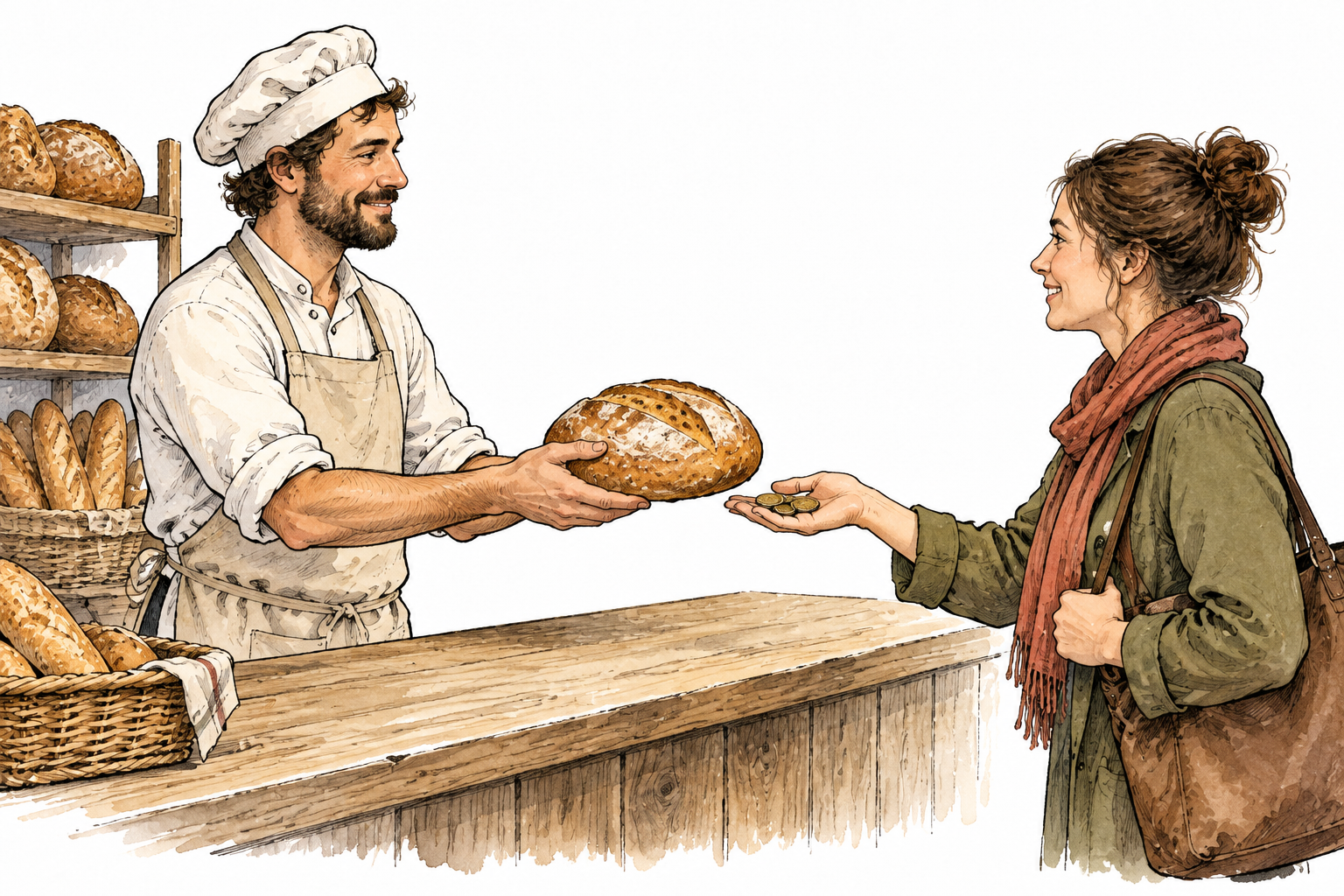 A baker hands a loaf to a buyer as coins pass across counter, goods exchanged for money.
