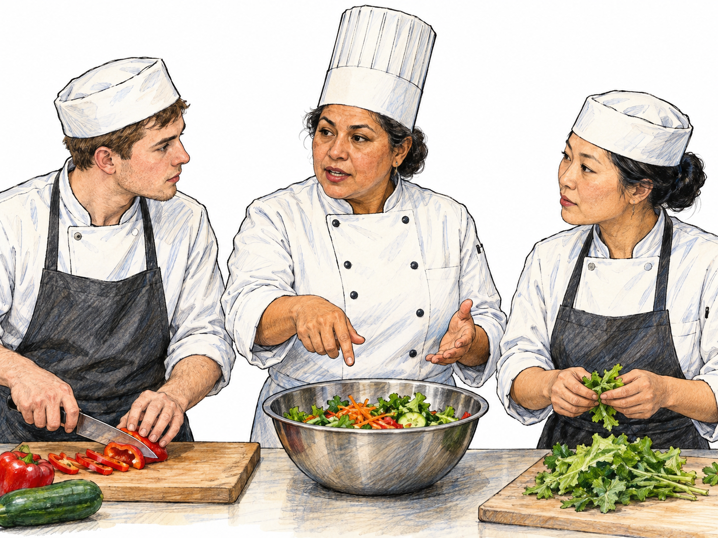 A chef in a tall traditional white toque stands at the center of a small kitchen team.