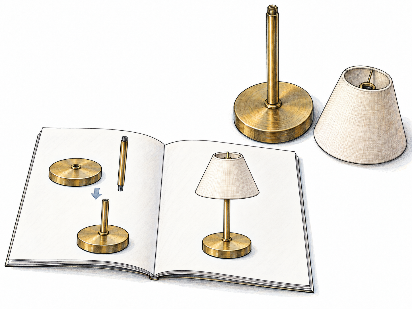 An open instruction handbook beside a partially assembled desk lamp, with clear sequential pictorial assembly diagrams matching the real lamp parts.