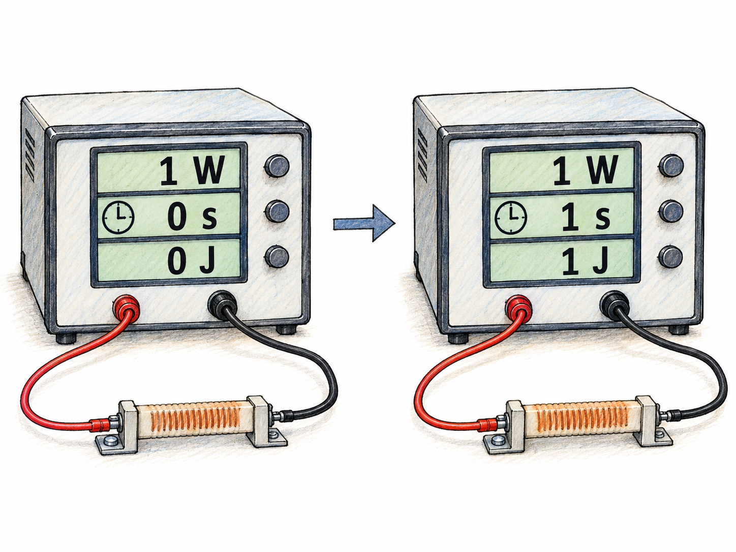 Two successive views of the same simple electrical heater and measuring instrument: its power stays at 1 W while its elapsed-time and delivered-energy counters advance from 0 s and 0 J to 1 s and 1 J.