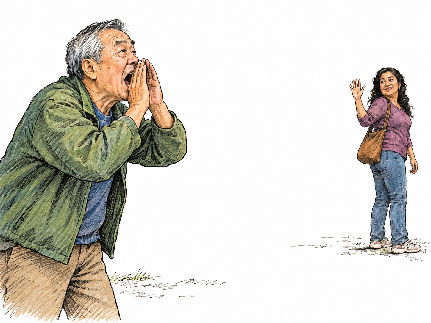 An older man cups his hands around his wide-open mouth and shouts to a woman some distance away.