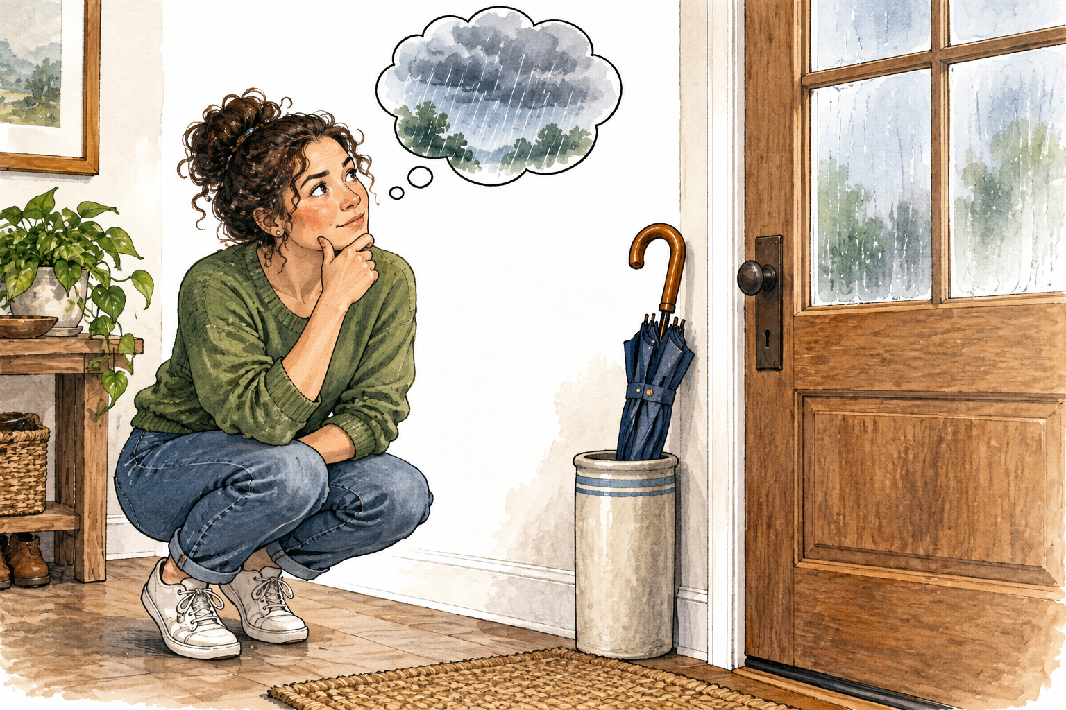 A person sees an umbrella beside the door and supposes rain outside, while the window remains obscured.