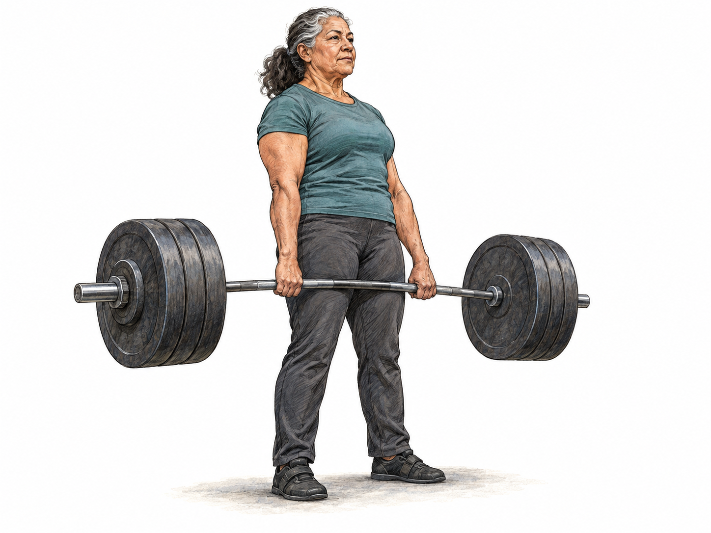 An older female strength athlete completes a heavy deadlift, making great physical strength visible through a heavily loaded barbell and controlled, powerful posture.