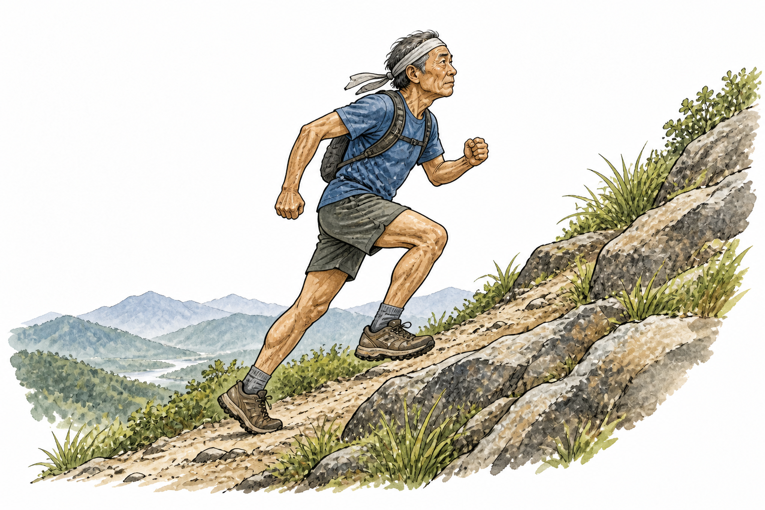 An older runner leans forward and continues up a steep rocky hill.